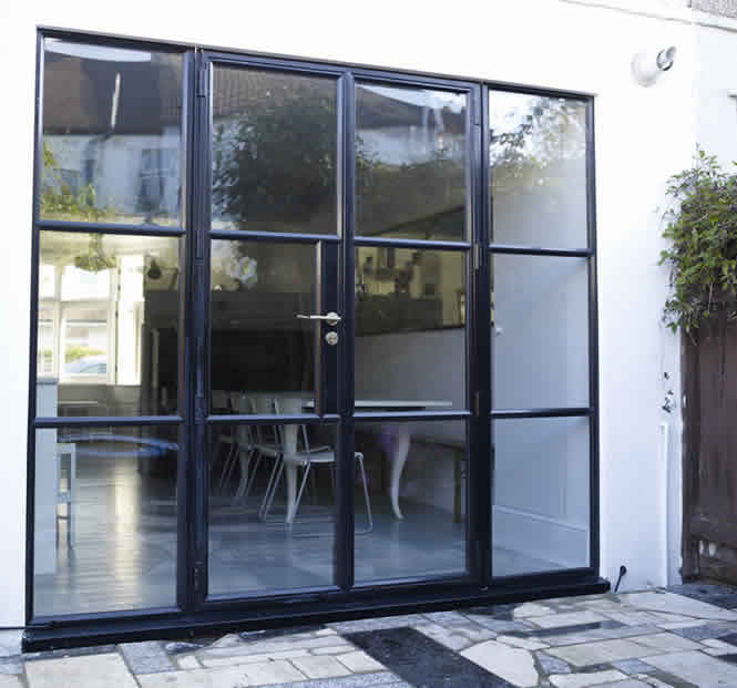 Black slimline double metal doors with horizontal detailing